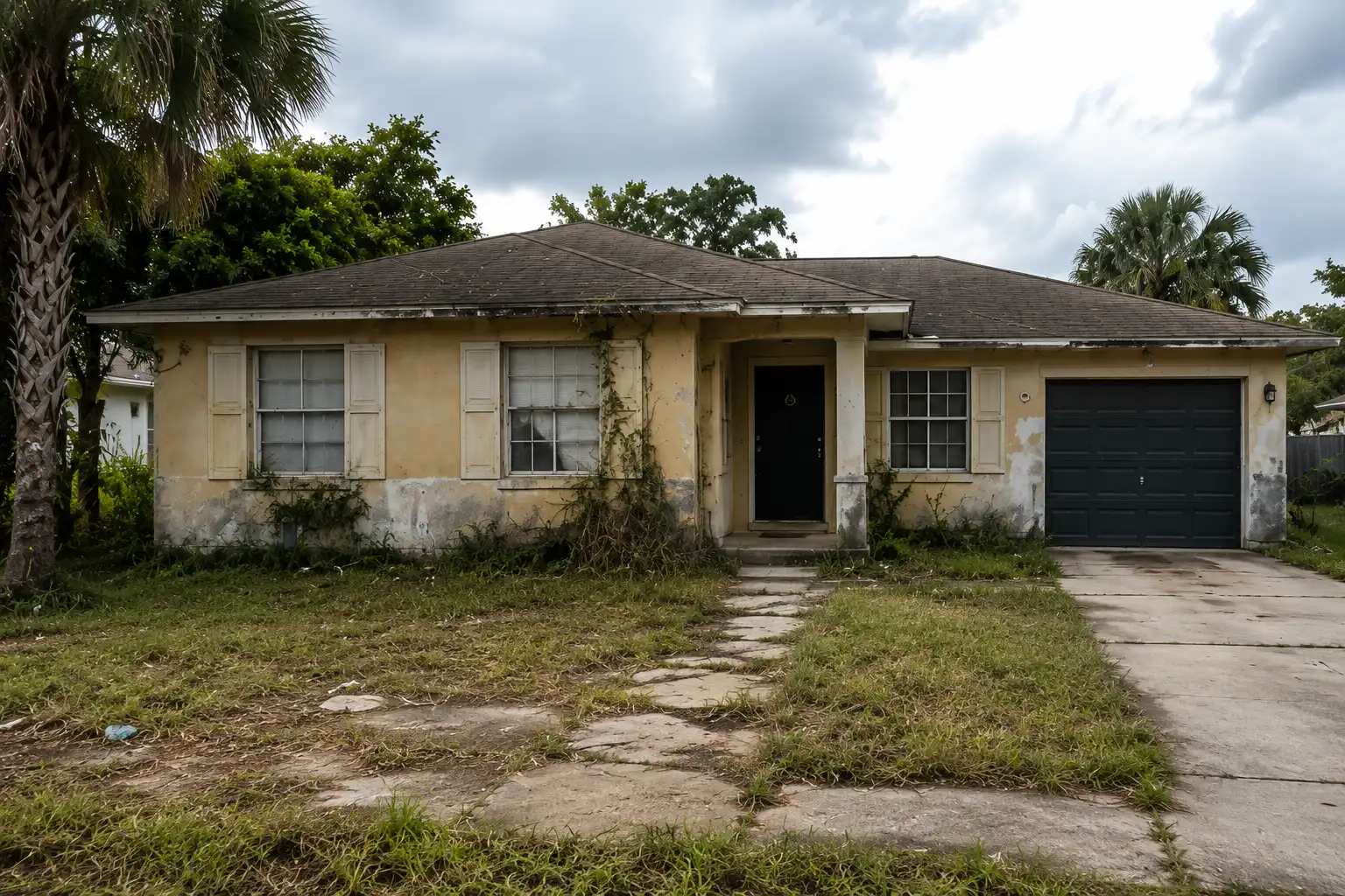 Before: distressed inherited bungalow exterior in Disston Heights, St. Petersburg